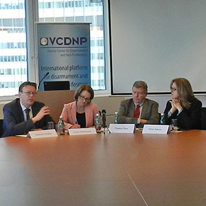Panelists (from left): Andreas Persbo, VERTIC; Dr. Laura Rockwood, former IAEA Office of Legal Affairs; Dr. Thomas Shea, former IAEA Trilateral Initiative Office; Elena Sokova, VCDNP